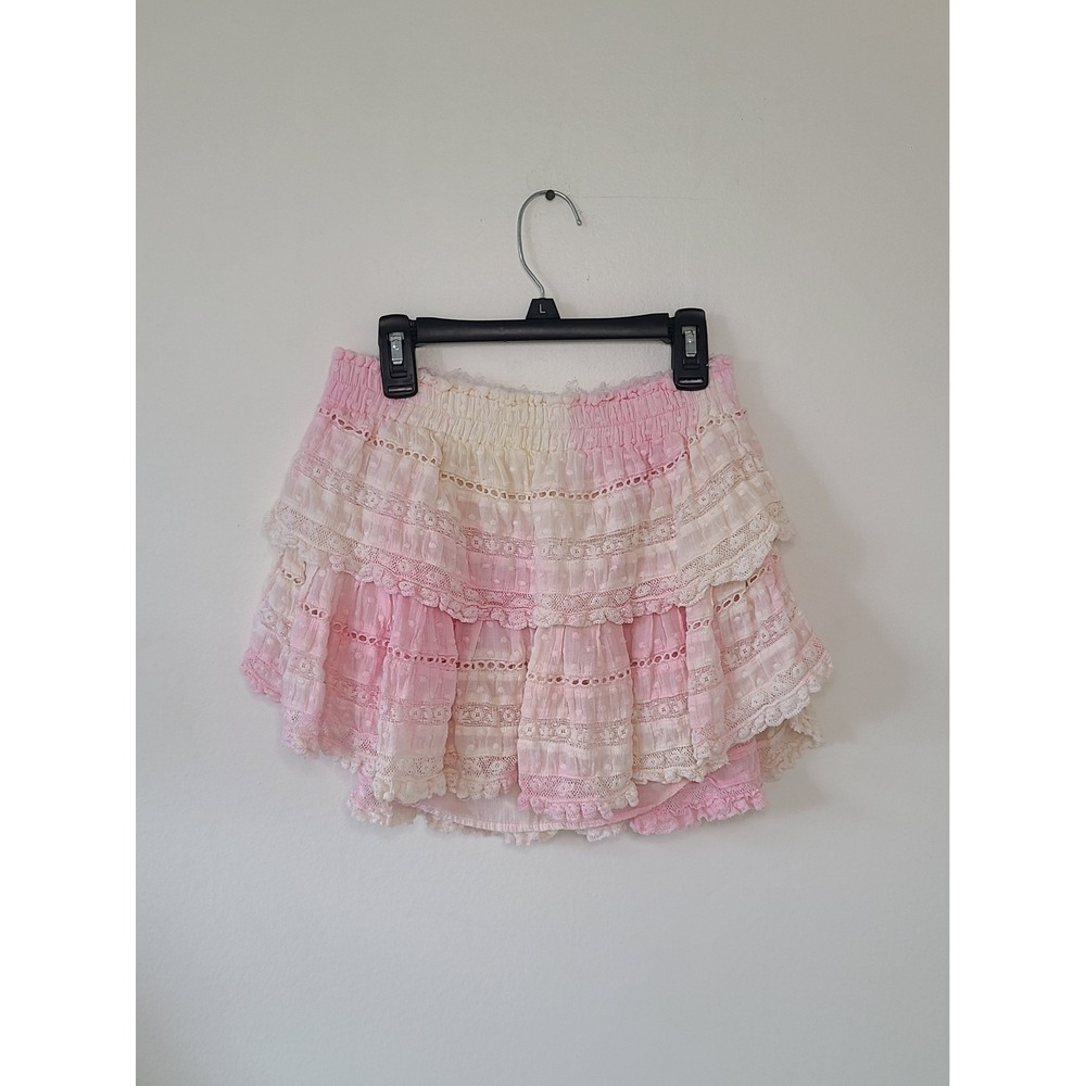 LoveShackFancy Pink White Ruffle Mini Skirt Size XXS 00 Cotton